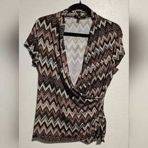 Melissa Paige Brown and White Wrap Blouse